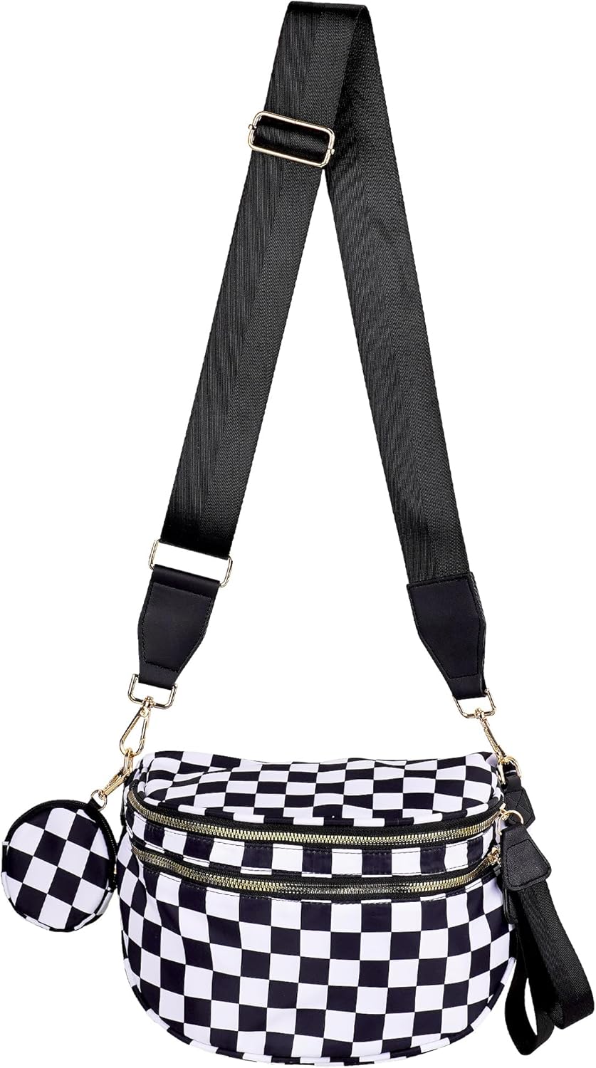 Checkered Crossbody Bag Women - Trendy Sling Fanny Pack with Coin Purse - Water-Repellent Shoulder Bum Bag with Wide Adjustable Strap for Festivals & Travel (Black & White) - Image 7
