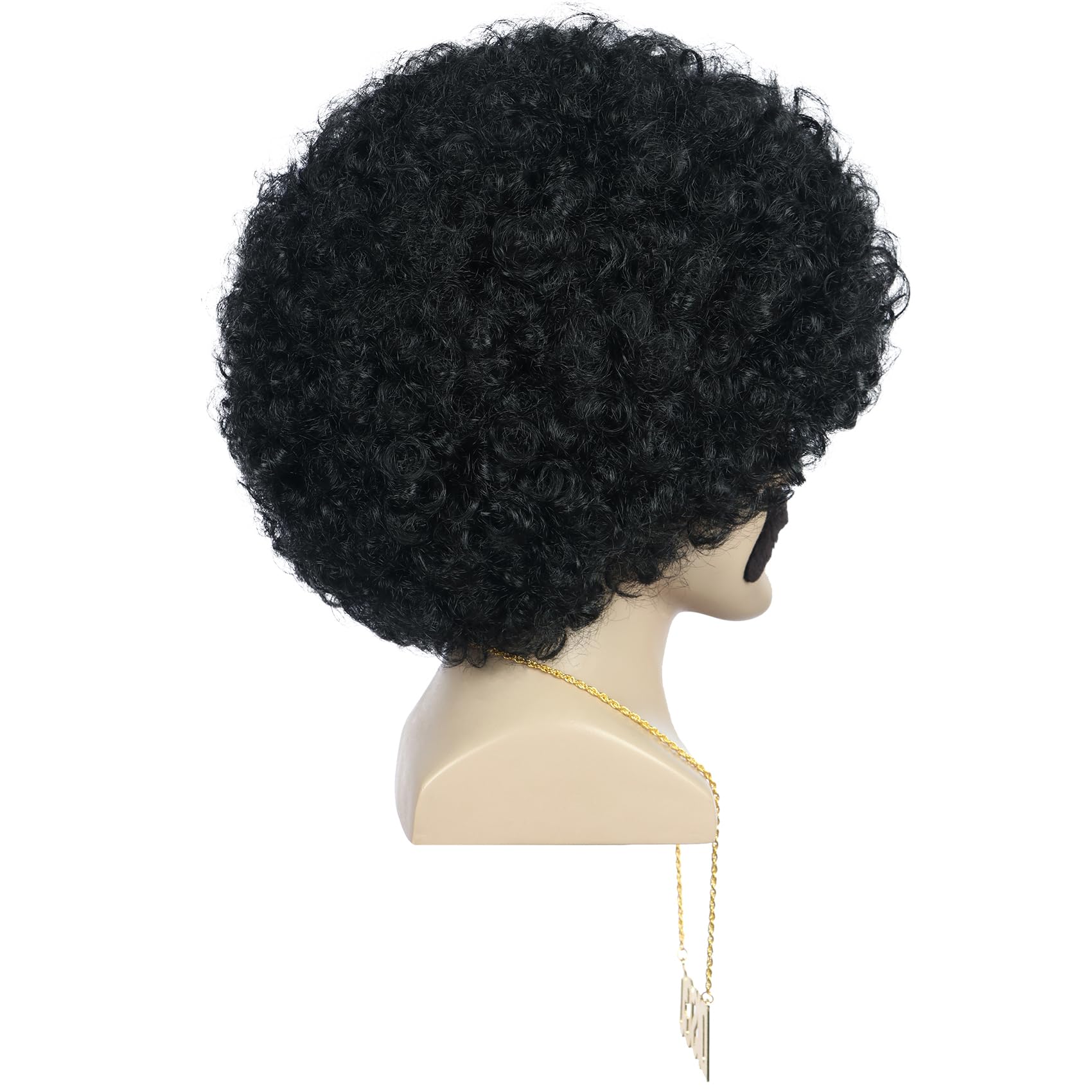 Yuehong Short Black Curly Fluffy 70s Afro Wig 80s Disco Rocker Wig Heat Resistant Synthetic Fibers Durable Breathable Costume Hair for Unisex with Mustache Necklace and Glasses - Image 4