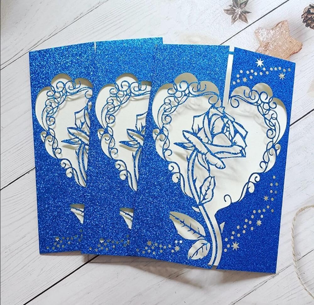 50 sets Glitter Gold Romantic Valentine's Day Greeting Card Laser Cut Rose Quinceanera Invitation Card DIY Sweet 15 Birthday Party Invites with Blank Insert and Envelopes (Blue)