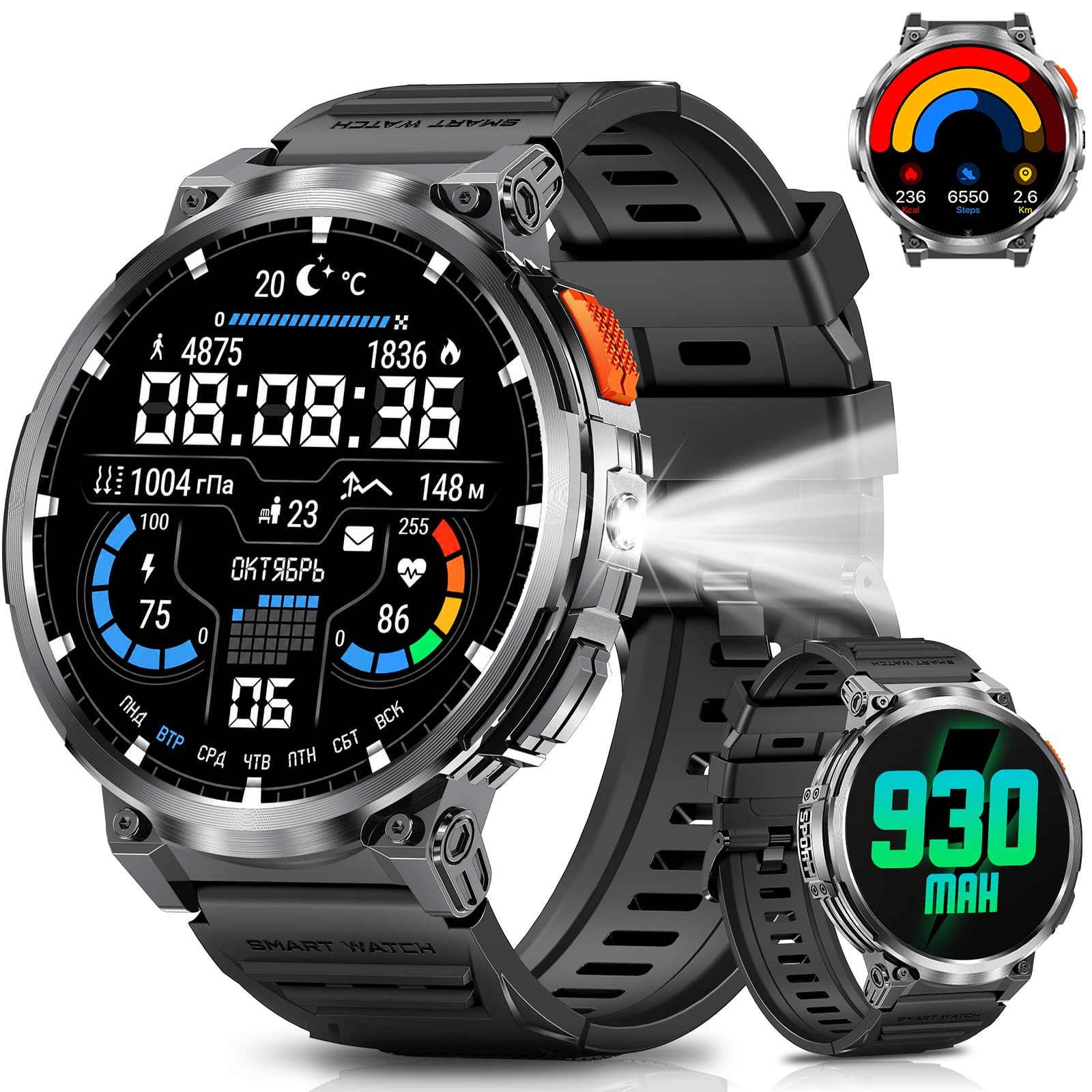 Military Smart Watch for Men, 1.85" Big Screen, Flashlight, 930mAh Battery | Bluetooth Calling, IP68 Waterproof, 114 Sports Modes, Fitness Tracker, Compatible with Android & iPhone
