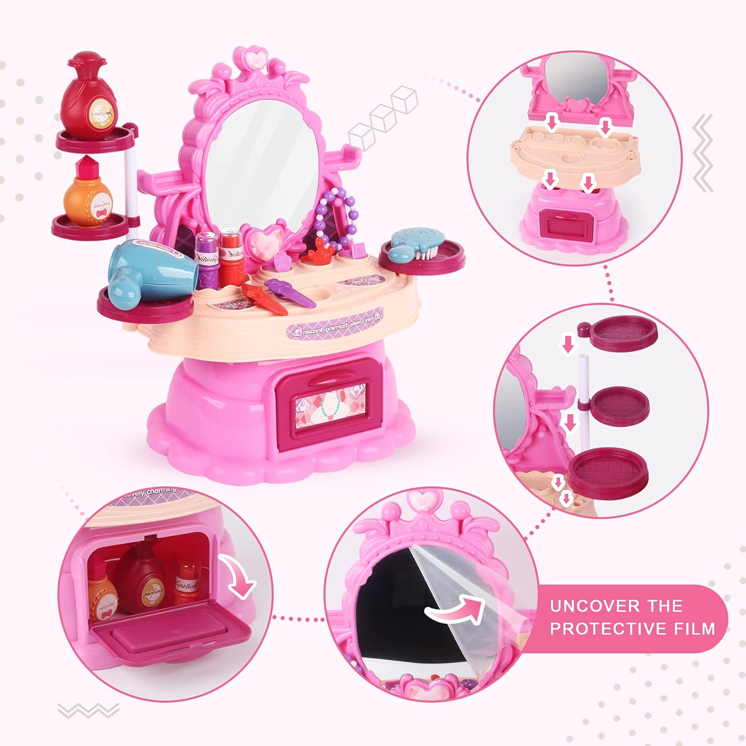 PALA PERRA Play Vanity Sets for Girls, 25PCS Kids Vanity Set with Mirror, Pretend Play Kids Makeup Vanity, Princess Vanity Set for Girls, Get an Extra Free Doll : Toys & Games