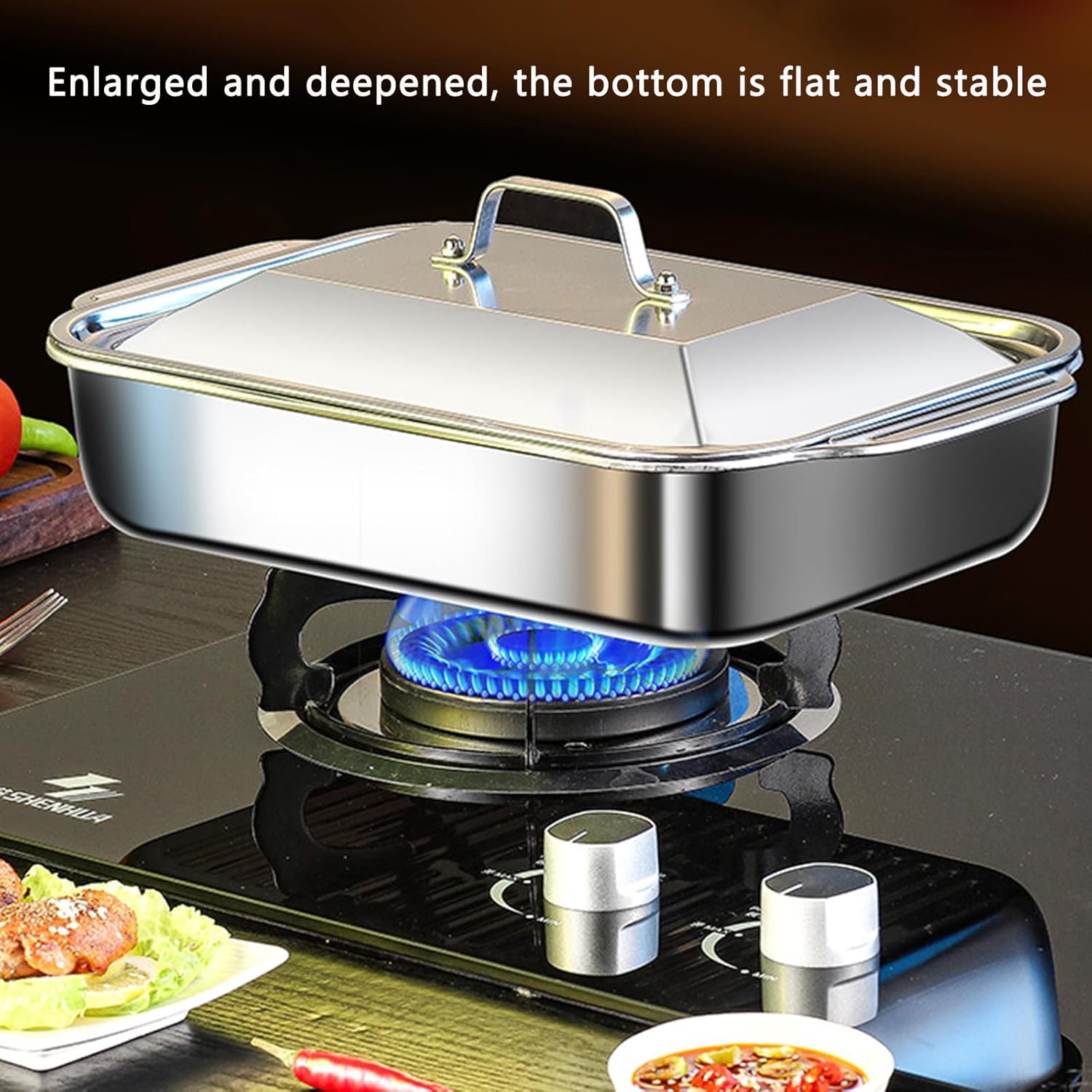 SvRite Stainless Steel Rectangular Roaster/Roasting Pan with Steel Cover - 37/41/45cm Baking Pans Deep Broiling Pan Service Tray for Cooking Ham, Chicken, Cake, Lasagna, Casserole (41cm)