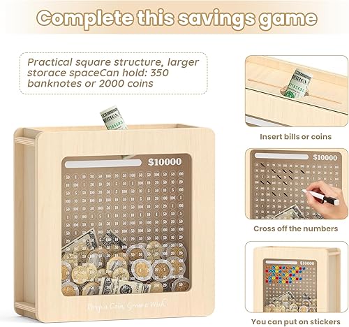 Miniatura 3 de Wooden Piggy Bank for Kids and Adults, 10000 Cash Vault Money Savings Box with Tracker Stickers, Personalized Coin Bank Gifts Card Box, for Birthday