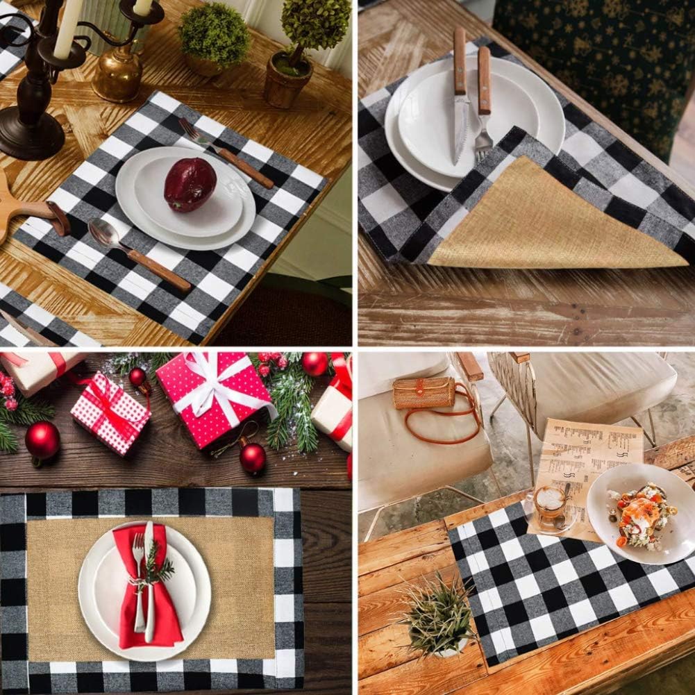 HAKACC 6 PCS 12X18 Inch Fall Buffalo Checkered Plaid Placemats Reversible Placemats for Christmas Thanksgiving Holiday Birthday Party Dining Table Home Decoration(Black and White)