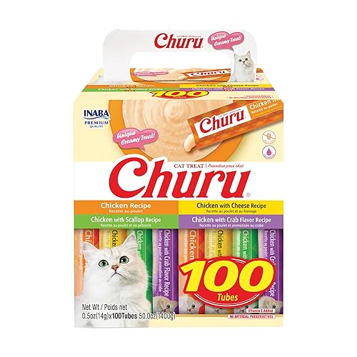 INABA Churu Cat Treats, Lickable, Squeezable Creamy Purée with Vitamin E, 0.5 Ounces per Tube, 100 Tubes Total, Chicken Variety - Chicken Variety - 1 Count (Pack of 100)