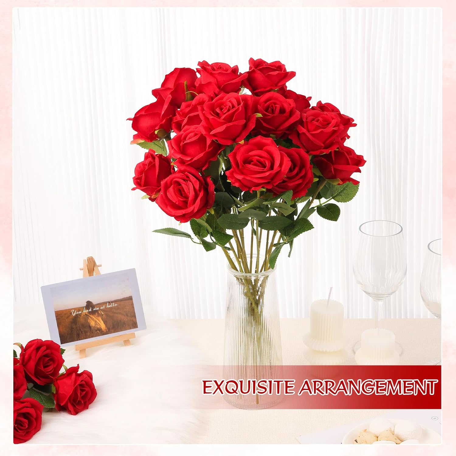 50 Pcs Artificial Red Rose Bluk Fake Flowers with Stem Realistic Silk Roses Bouquet Coffee Table Decor Flower Arrangement for Wedding Centerpieces Home Office Farmhouse Holiday Decorations