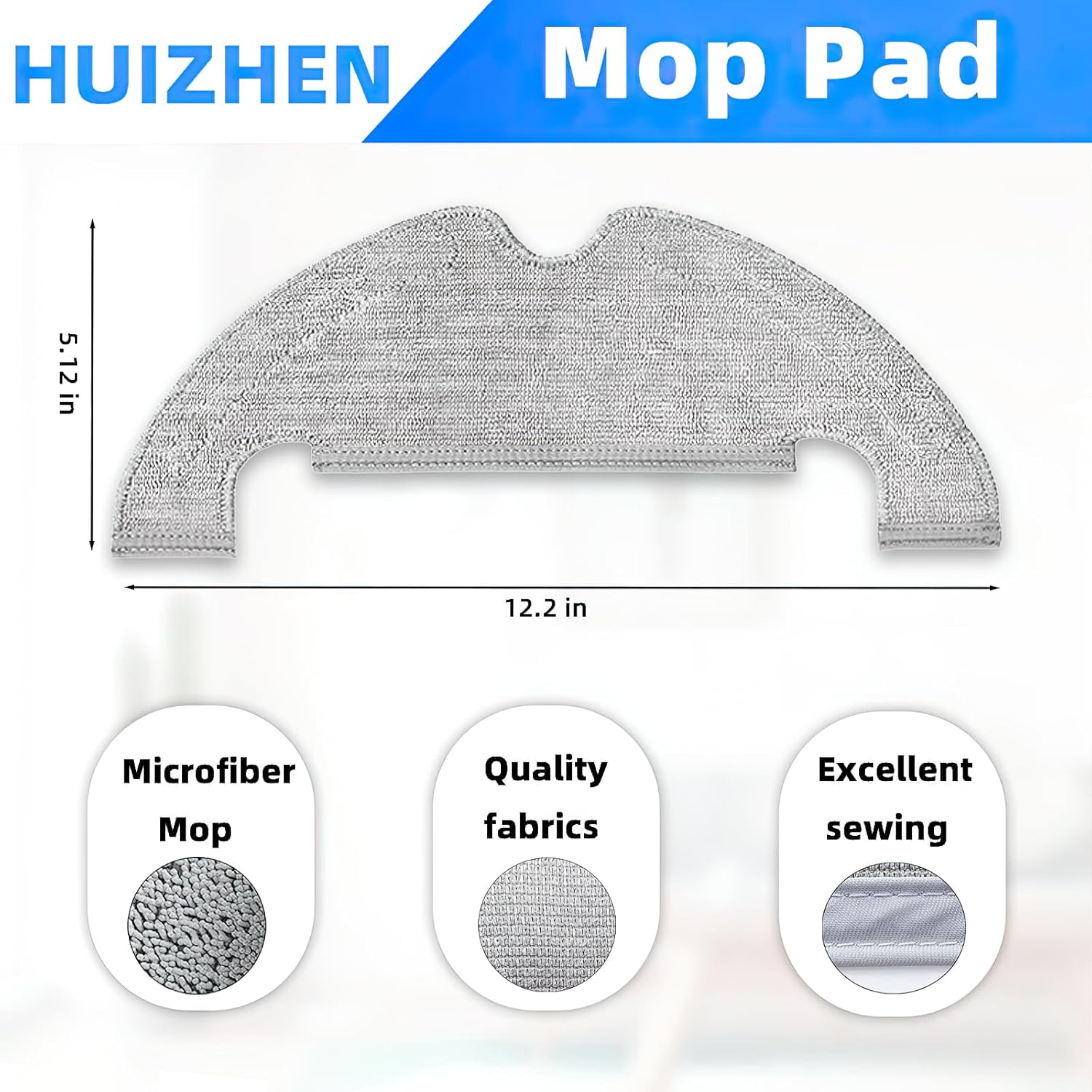 Image displaying the dimensions of the mop pad and highlighting its microfiber material, quality fabrics, and excellent sewing.