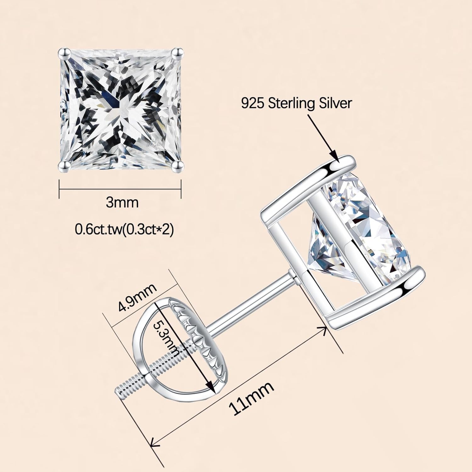 SMILEST 0.6-4ct Princess Cut Moissanite Earrings, Lab Created Earring 925 Sterling Silver Moissanite Screw Back Earrings Studs for Women Men Jewelry Gifts - Image 6