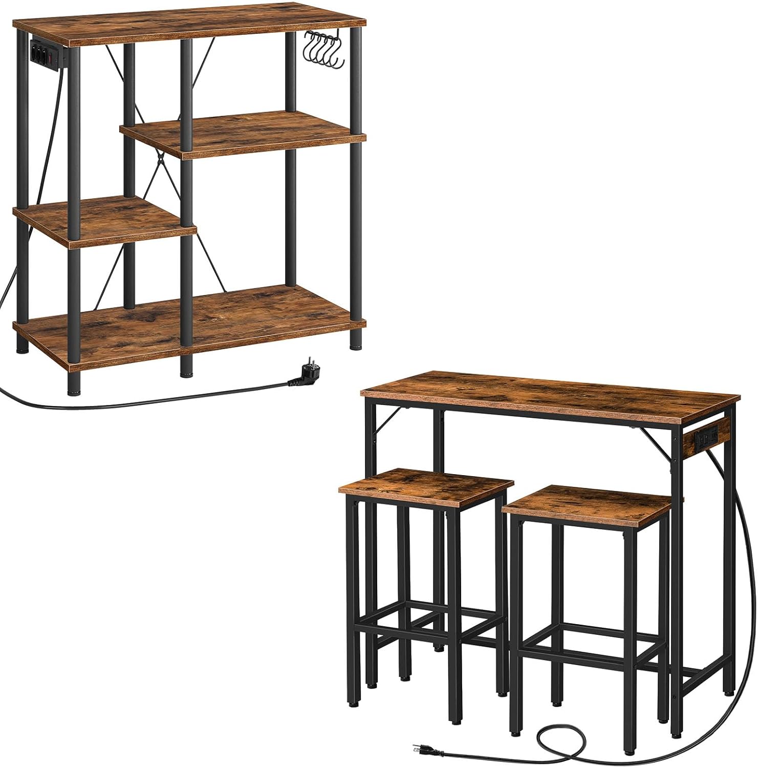 HOOBRO Bakers Rack with Power Outlet, 3-Piece Bar Table Set with Power Outlet, Bar Stools, and Chairs BF07HB01-BF45UBT01