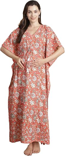 Secret Wish Peach Floral Cotton Maternity Kaftan/Free Size/Feeding/Nursing/Zipper/Drawstring/Printed/Full Length