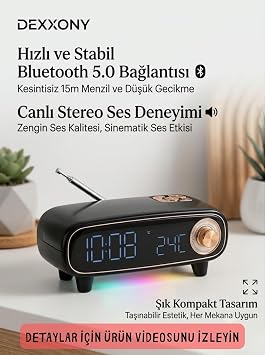 DX-98 Retro Bluetooth Hoparlör FM Radyo Dijital Çalar Saat (Siyah) | RGB Ambiyans Işığı, Termometre Özellikli, Bluetooth 5.0, Çift Alarm, 18x11.5x6.5 cm