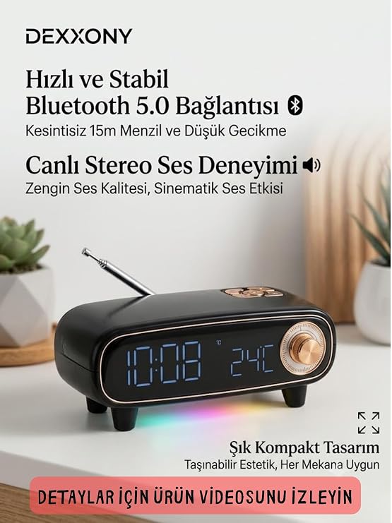 DX-98 Retro Bluetooth Hoparlör FM Radyo Dijital Çalar Saat (Siyah) | RGB Ambiyans Işığı, Termometre Özellikli, Bluetooth 5.0, Çift Alarm, 18x11.5x6.5 cm
