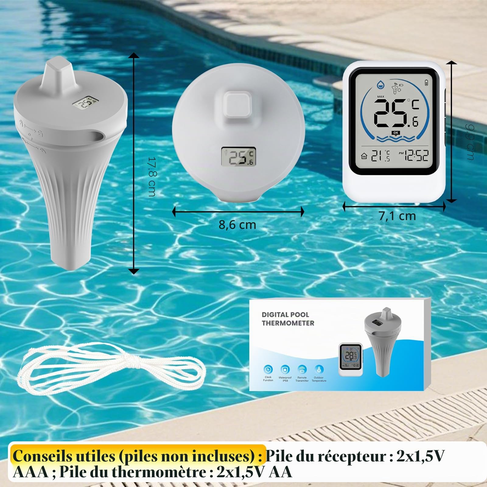 Thermometre Piscine, Thermomètre de Piscine Sans Fil étanche IP68, Thermomètre pour Piscine Numérique Flottant Sans Fil, Thermometre d'eau Intérieur Extérieur pour Aquariums, Baignoires, étangs