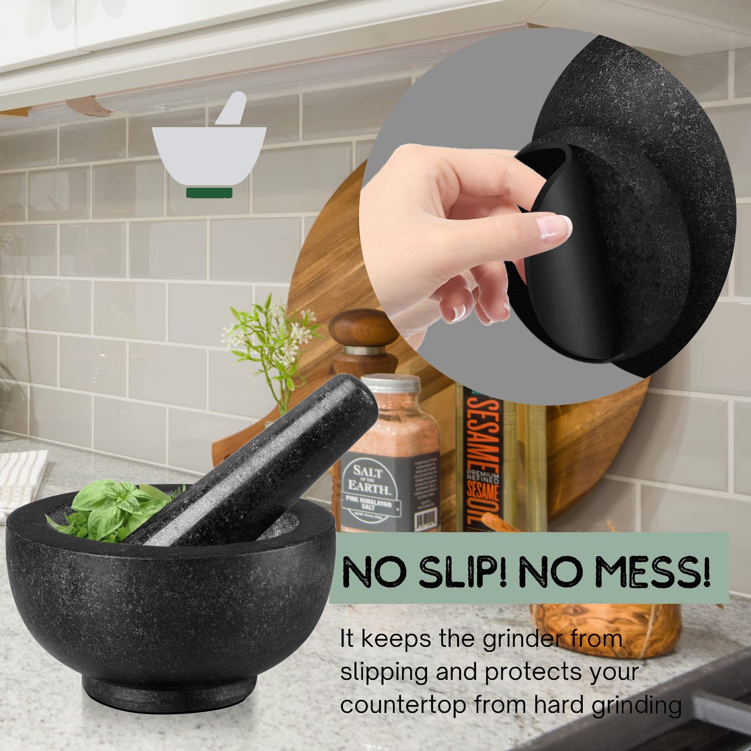 Flexzion Granite Mortar and Pestle Set - Solid Marble Stone Grinder Bowl Holder 4.72 Inch For Guacamole, Herbs, Spices, Garlic, Kitchen, Cooking, Medicine