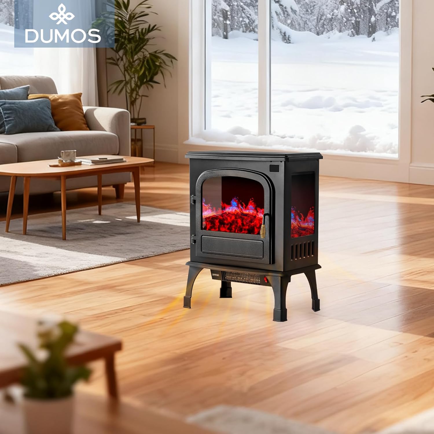 DUMOS 26” Freestanding Electric Fireplace Heater, Electric Fireplace Stove with 3D Flame Effect & Remote Control, Stylish Stove for Home with Safety Features, Adjustable Heat & 12H Timer