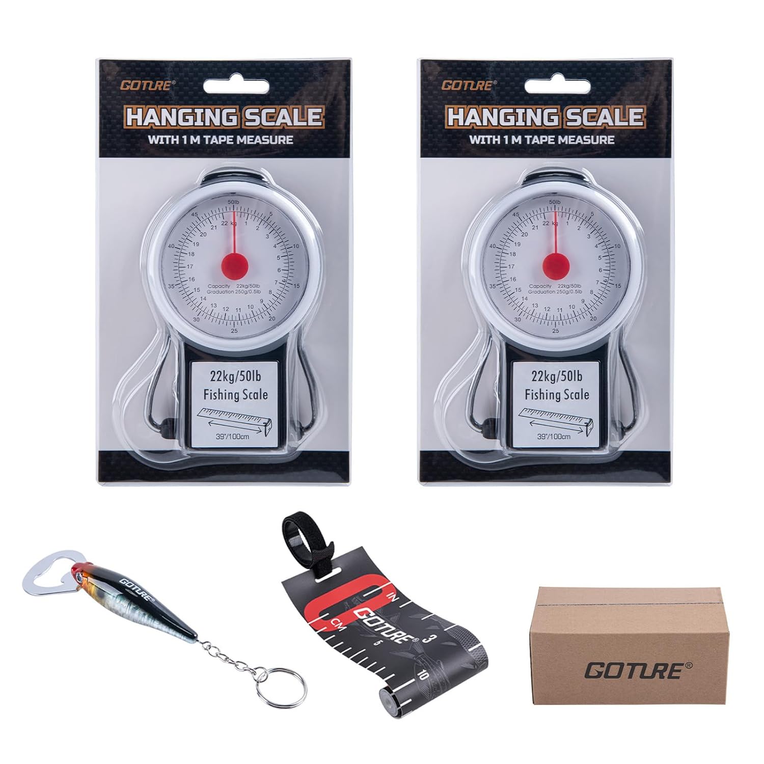 Goture Fishing Hanging Scale + Ruler + Bottle Opener, Mechanical Kitchen and Fish Fishing Scale, Multi-Purpose Portable Hand Held Dial Weight Scale with Tape Measure (50 Lbs / 22Kg)