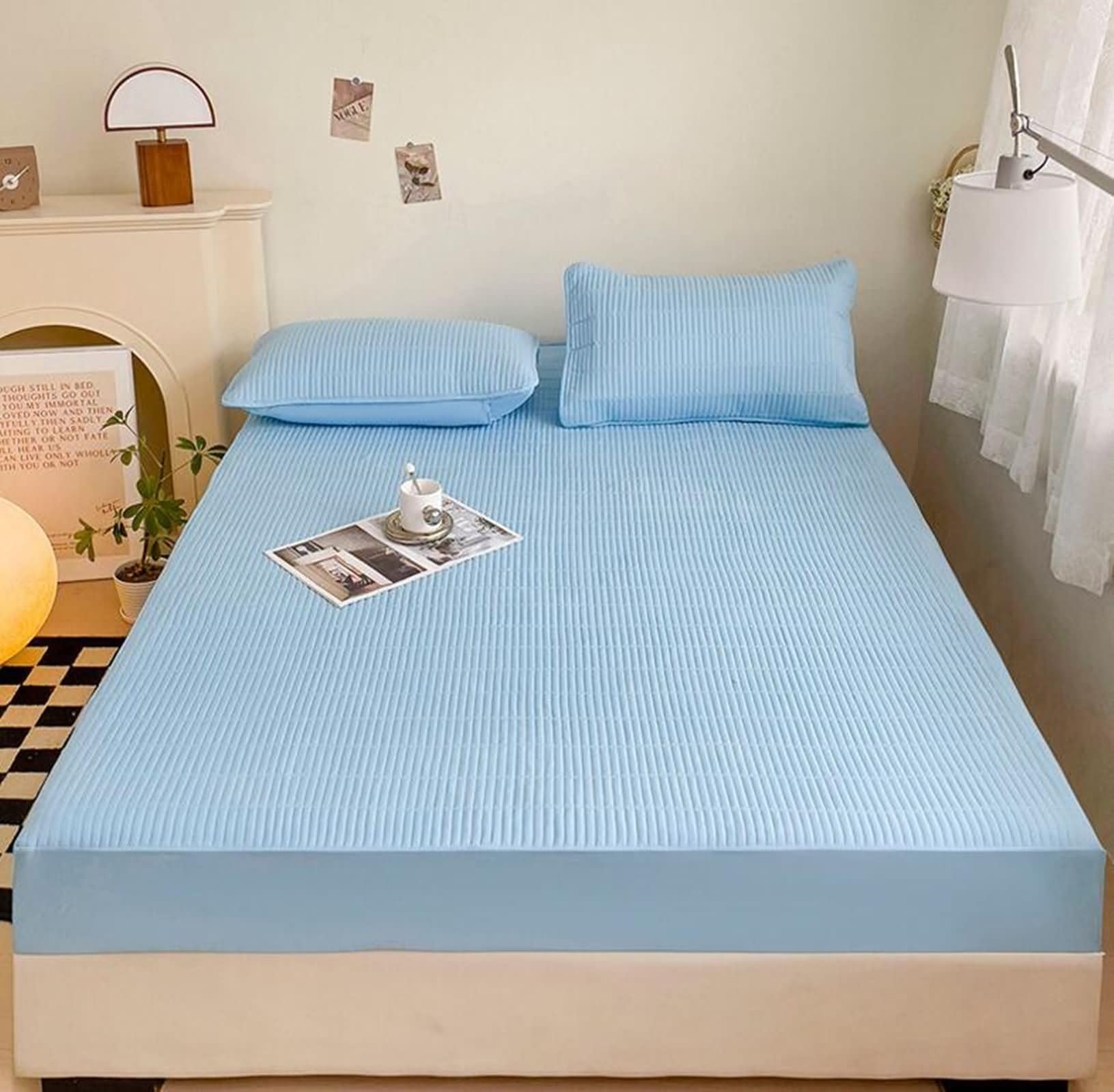 KnSam Drap-Housse 180x220cm - Bleu Bébé, Drap Housse Coton Matelassé, Protège Matelas Anti Pipi Confortable