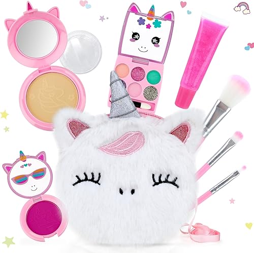 PERRYHOME Lindo juego de maquillaje para niños, kit de maquillaje lavable de unicornio para niñas de 3 a 12 años con mini monedero, kit de