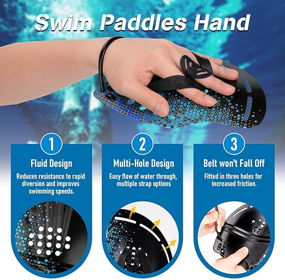 Hikeen Curved Swim Hand Paddles,Upper Body Strength Swim Training Power Paddles for Lap Swimming with Adjustable Straps, Swimming Hand Paddles for Unisex-Adult