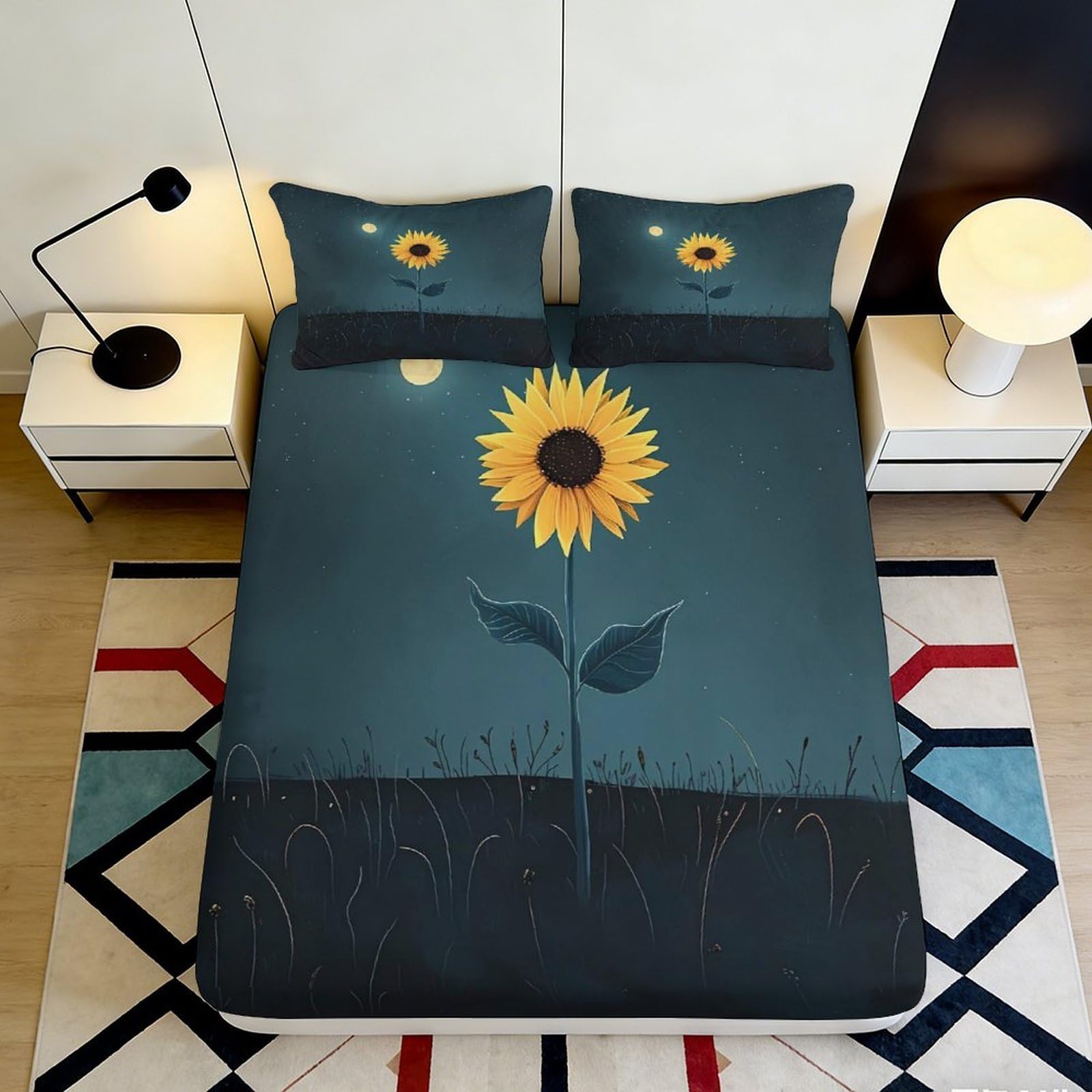3D Printed Sunflower Fitted Sheet Microfiber Deep Pocket Non-Slip Bedding Sunflower Mattress Fitted Cover for Bedroom 90x200x25cm