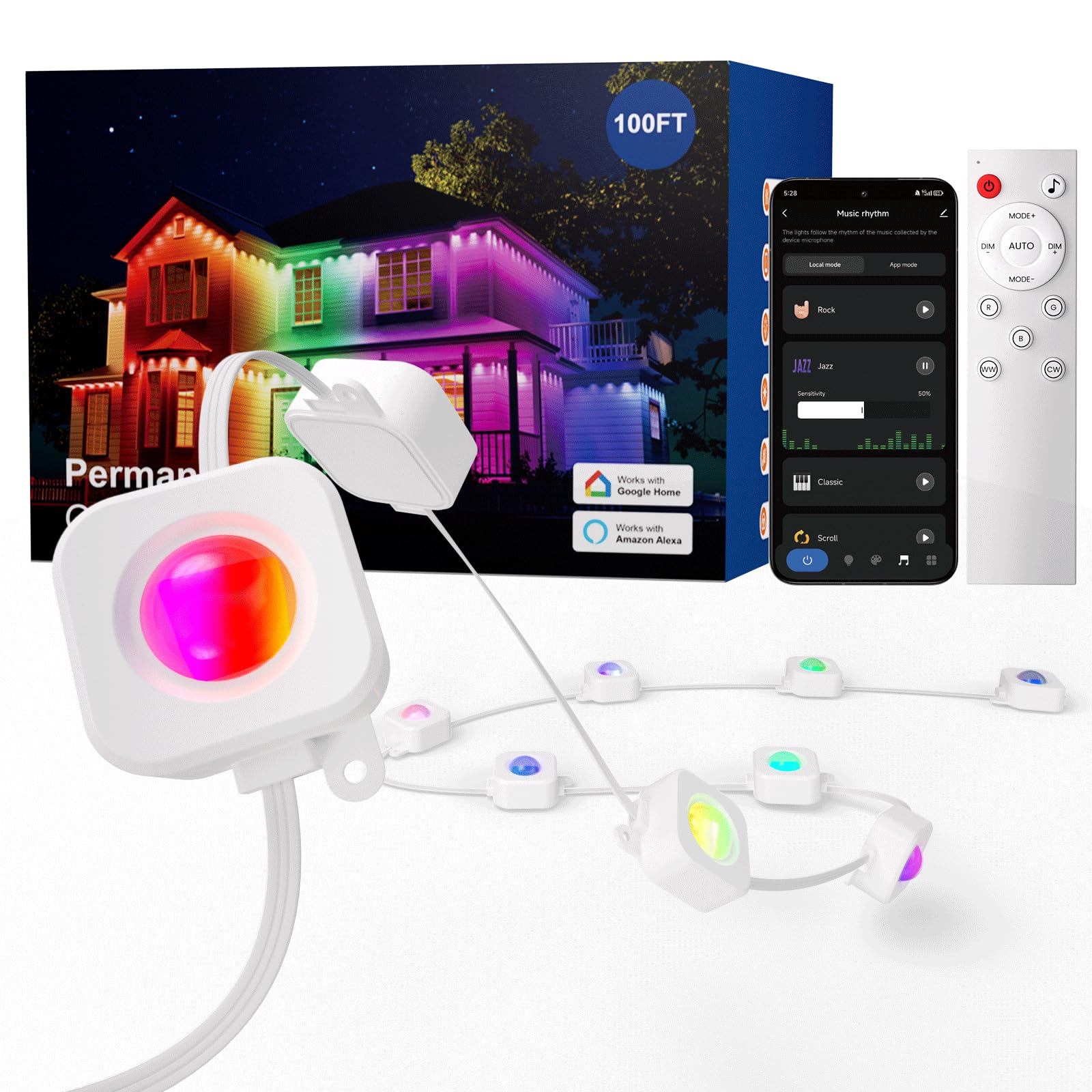 HUTAKUZE Permanent Outdoor Lights, 100ft RGB Outdoor Christmas Lights with 60 LED Light, IP67 Waterproof LED Eaves Light, DIY Scene Modes for Halloween Decor, Smart APP & Remote Control