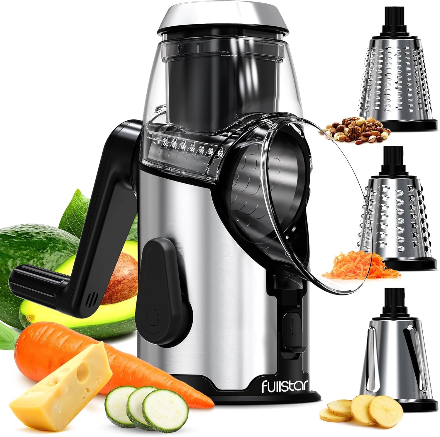 Râpe à fromage - Inox Coupe Legumes Manuelle avec 3 Lames de Tambour Détachables - Rapide et Facile - Base Antidérapante - Rapeuse de Cuisine pour Légumes Fromage Concombre Carotte Noix
