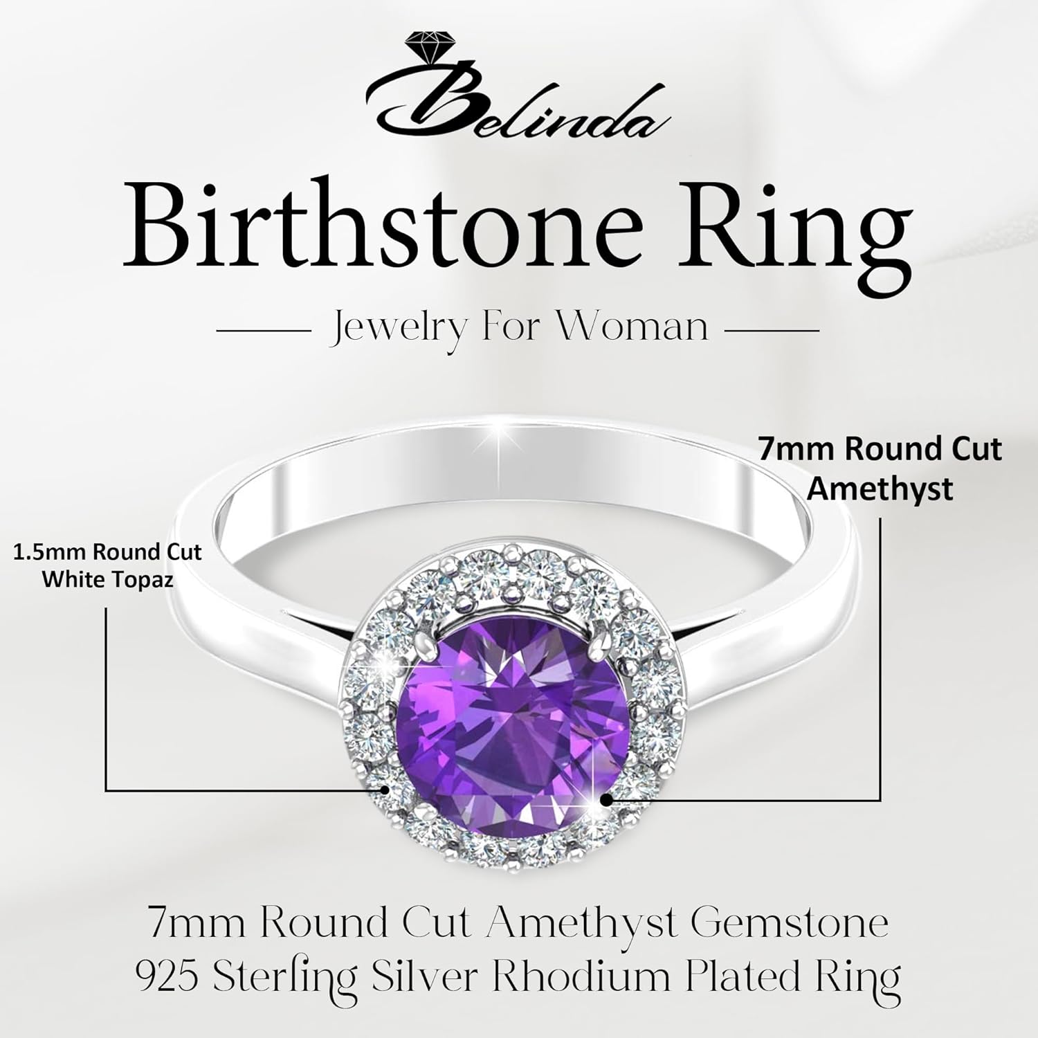 Womens 925 Sterling Silver Classic Solitaire Halo Center 7 mm Round Gemstone Birthstone Fine Jewelry Engagement Wedding Accessory Rings, 1.3 Carat Gemstone - Image 2