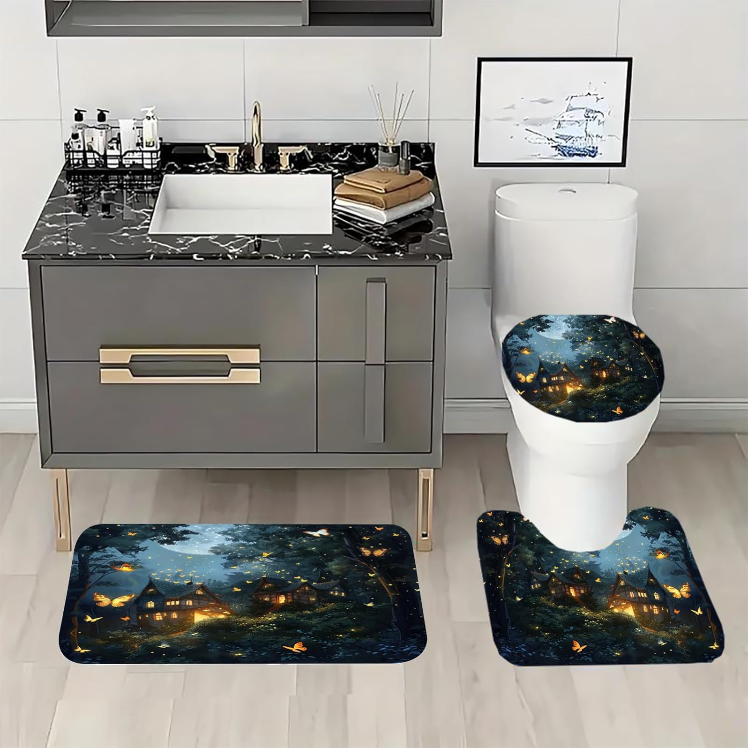 Night Dense Forest Shower Curtain Quaint House Bathroom Decor Tall Dark Trees Greenery Bathroom Set Full Moon Butterflies Shower Curtain Set with Toilet Lid Cover and Non-Slip Rugs for Bathroom