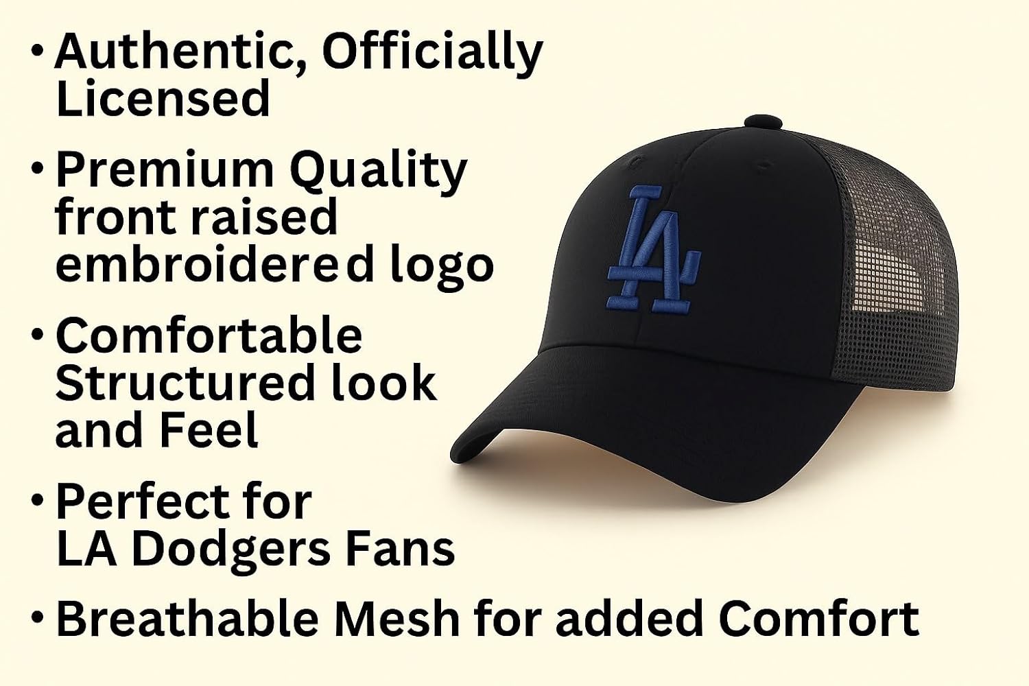 Officially Licensed Los Angeles Baseball Mesh Trucker Hat Classic Team Logo Adjustable Structured Black Cap