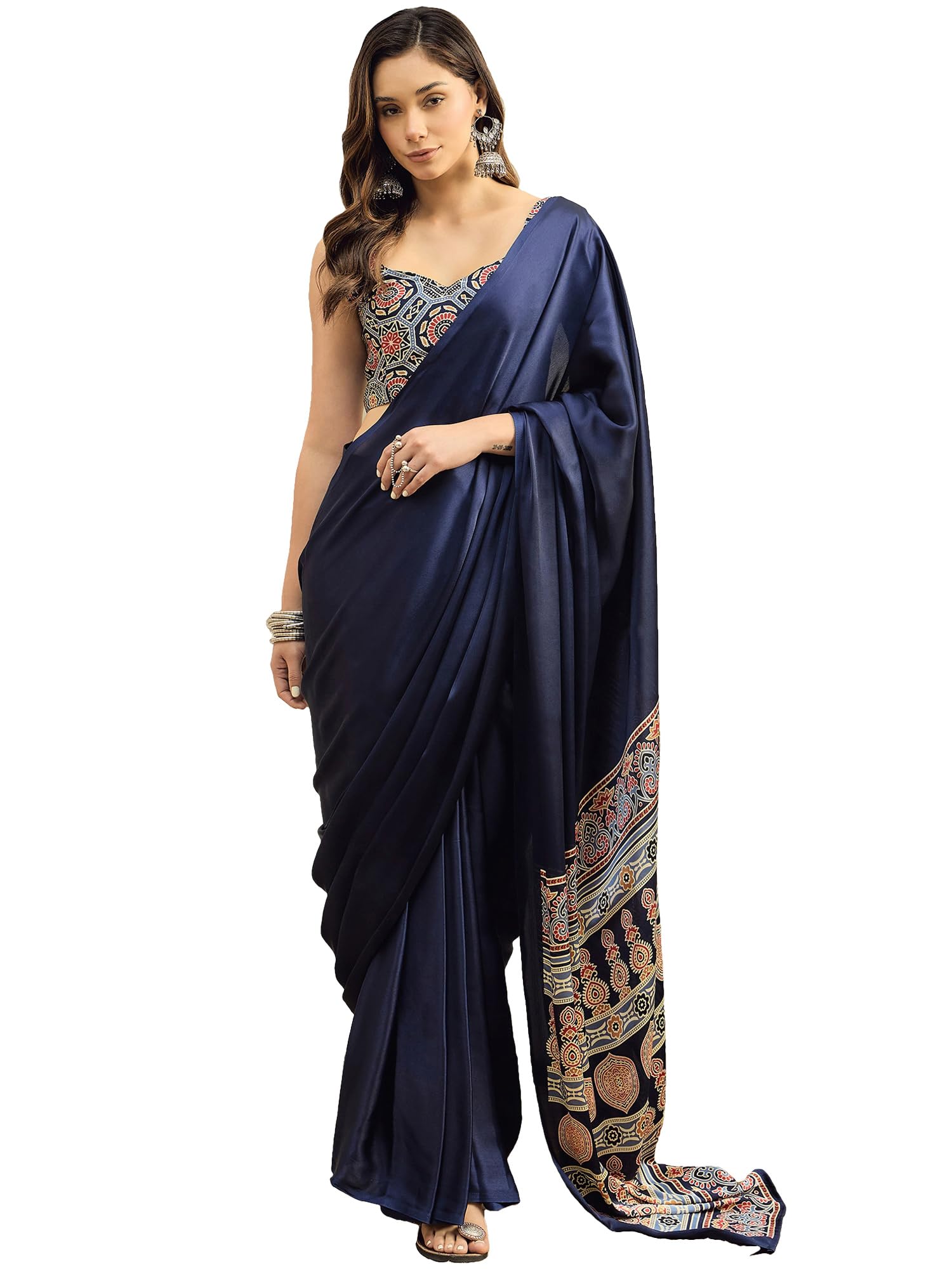 Women's Multicolor Satin Silk Ajrak Printed Ready To Wear one Minute Saree With Unstitched Blouse Piece (RTWPURAJRKH001B_RJ_Parent)-image-37