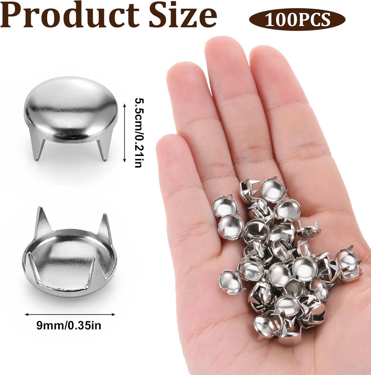 100PCS Metal Claw Beads Nailhead, 9mm Silver Round Dome Studs, Metal Punk Studs, Rivet Spikes Nailheads for Punk Rock DIY Leather Craft, Clothes, Bags, Shoes, Bracelets