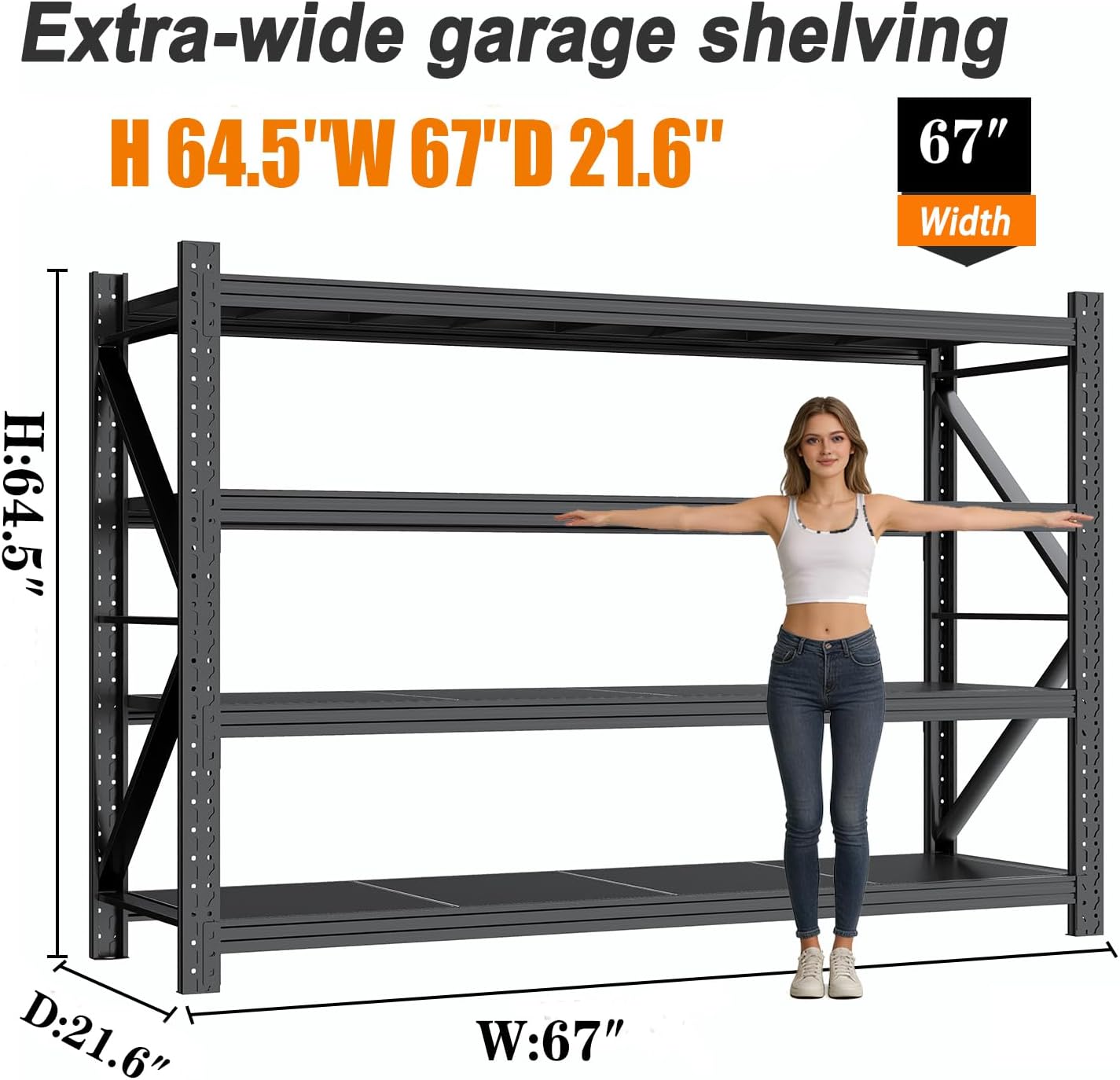 Garage Shelving Units,67" Wide Heavy Duty 4-Tier Metal Storage Shelf with Adjustable Shelves,3000lb Capacity Industrial Shelving for Garage Organization,Basement Storage,WorkshopWarehouse