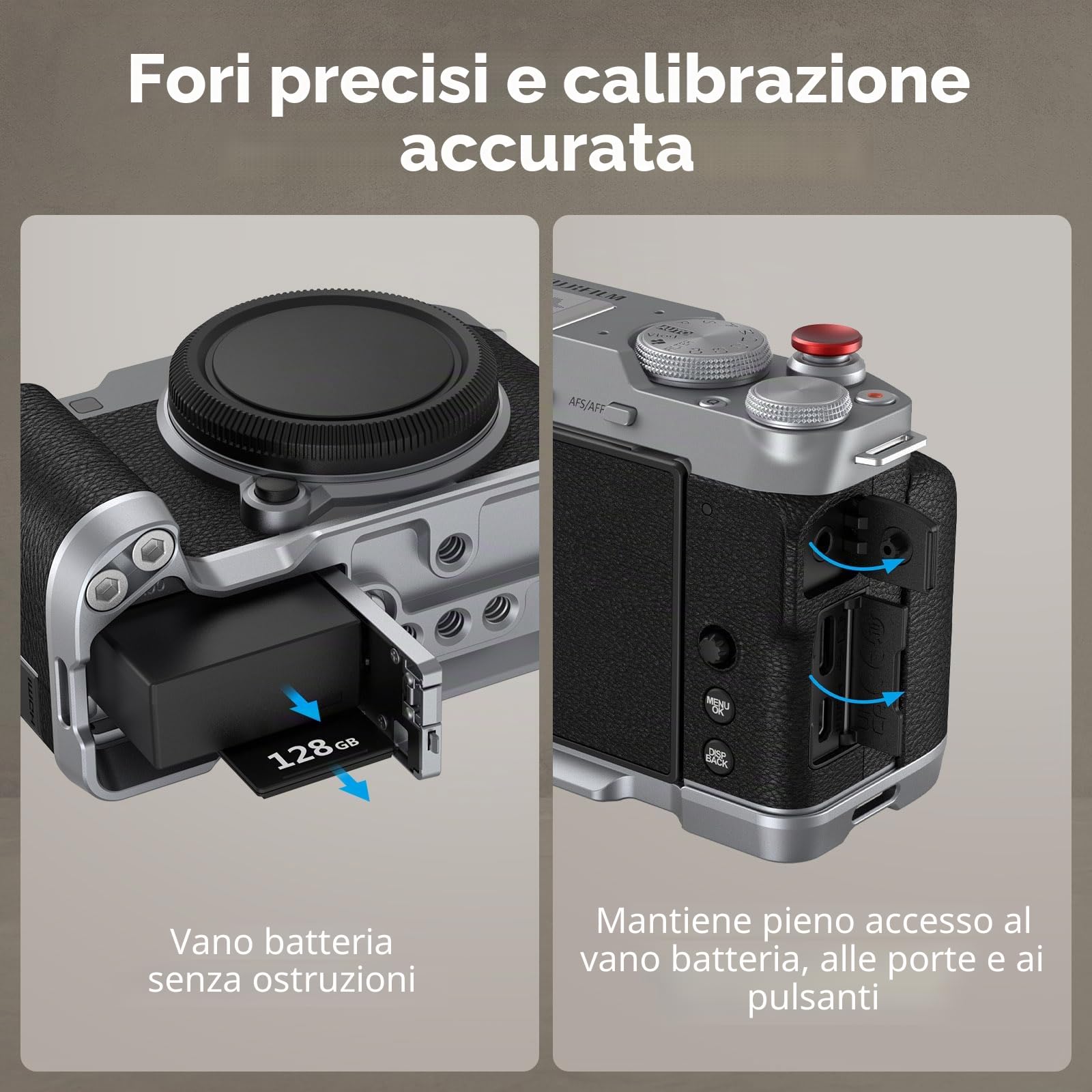 SMALLRIG X-M5 Impugnatura L per FUJIFILM X-M5, Piastra a Sgancio Rapido Integrata per Arca, Maniglia Laterale in Silicone Leggero, Include Parabrezza con Adattatore per Slitta Fredda (Argento) - 4875