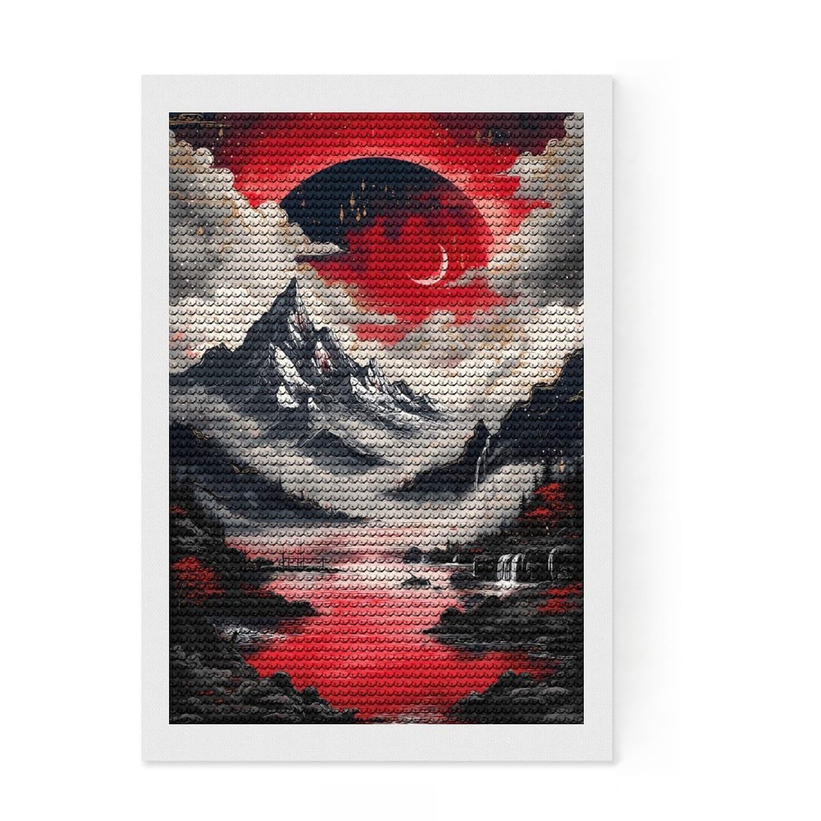 Junmoney Red Moon Mountain Landscape Crystal Diamond Art Kit 8"x12", Festive Craft Gift, Aesthetic Room Decor, with Tool Kit, Creative Gift Idea