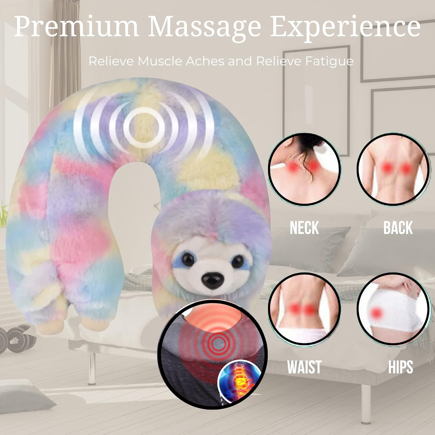 BCL Back Neck and Shoulder Massager Vibrating Massage Cushion Pillow with Relaxing Vibration Soft Travel Massage Wrap for Pain Relief Men & Women Rainbow Sloth & Custom Storage Carrier