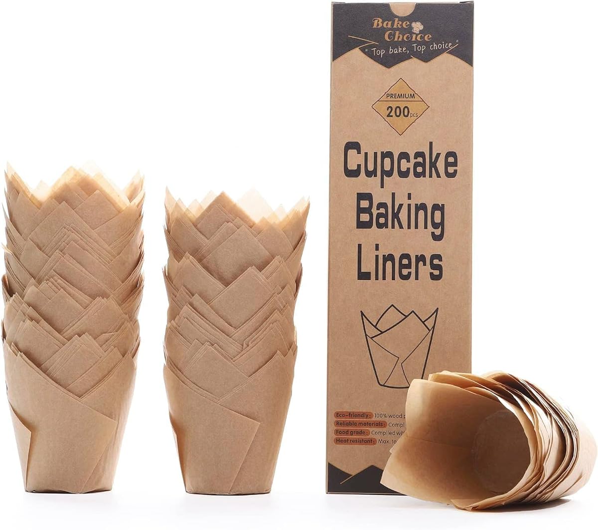 Bake Choice 200pcs Natural Tulip Cupcake Liners for Baking Muffin Liners | Unbleached European Parchment Paper, Heat-resistant, Greaseproof, Cupcake Wrapper for Party, Christmas, Gift