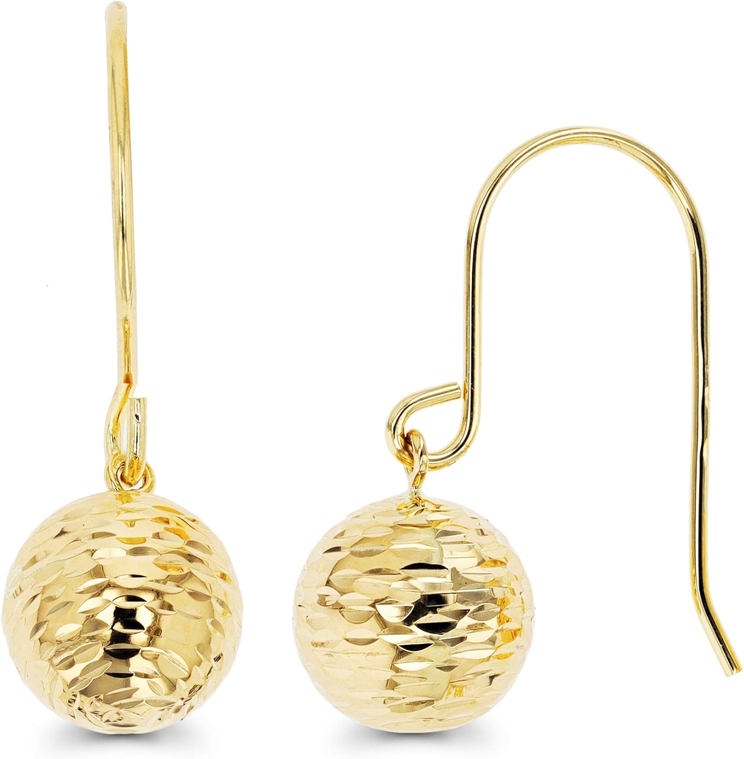 14K Gold Diamond Cut 8mm Ball Fish Hook Dangling Earrings For Women