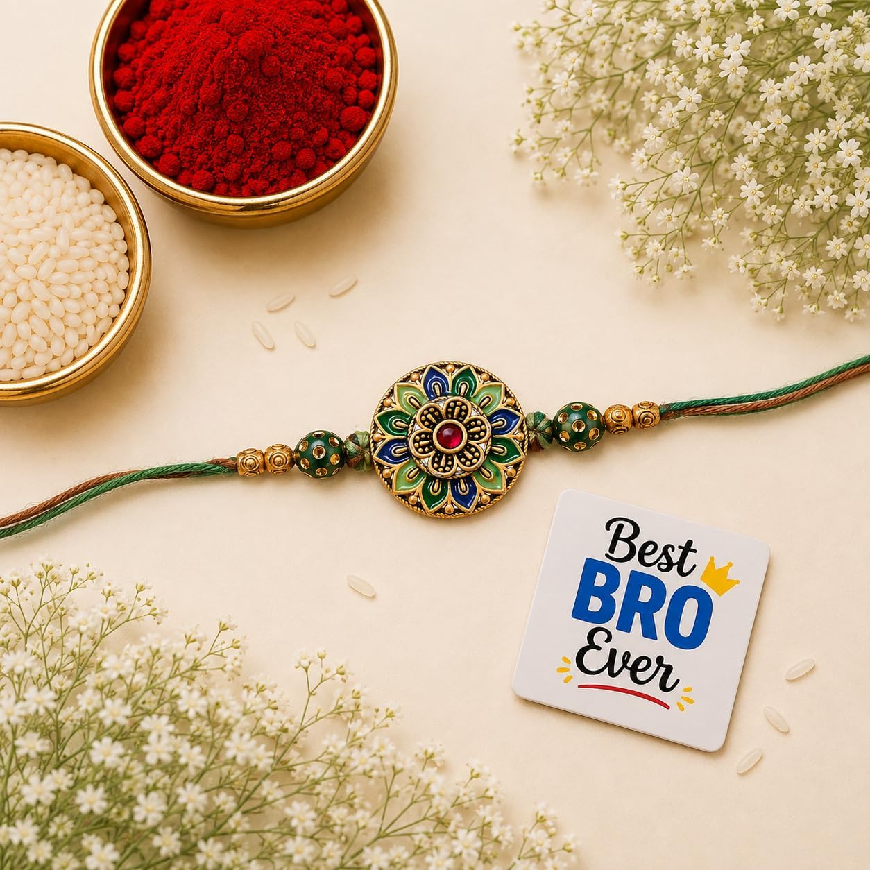 Multicolor Flower Designer Rakhi for Brother With Gift Combo Set | Raksha Bandhan Rakhi for Bhai Bhaiya | Best Bro Ever Fridge Magnet | Roli Chawal Pack