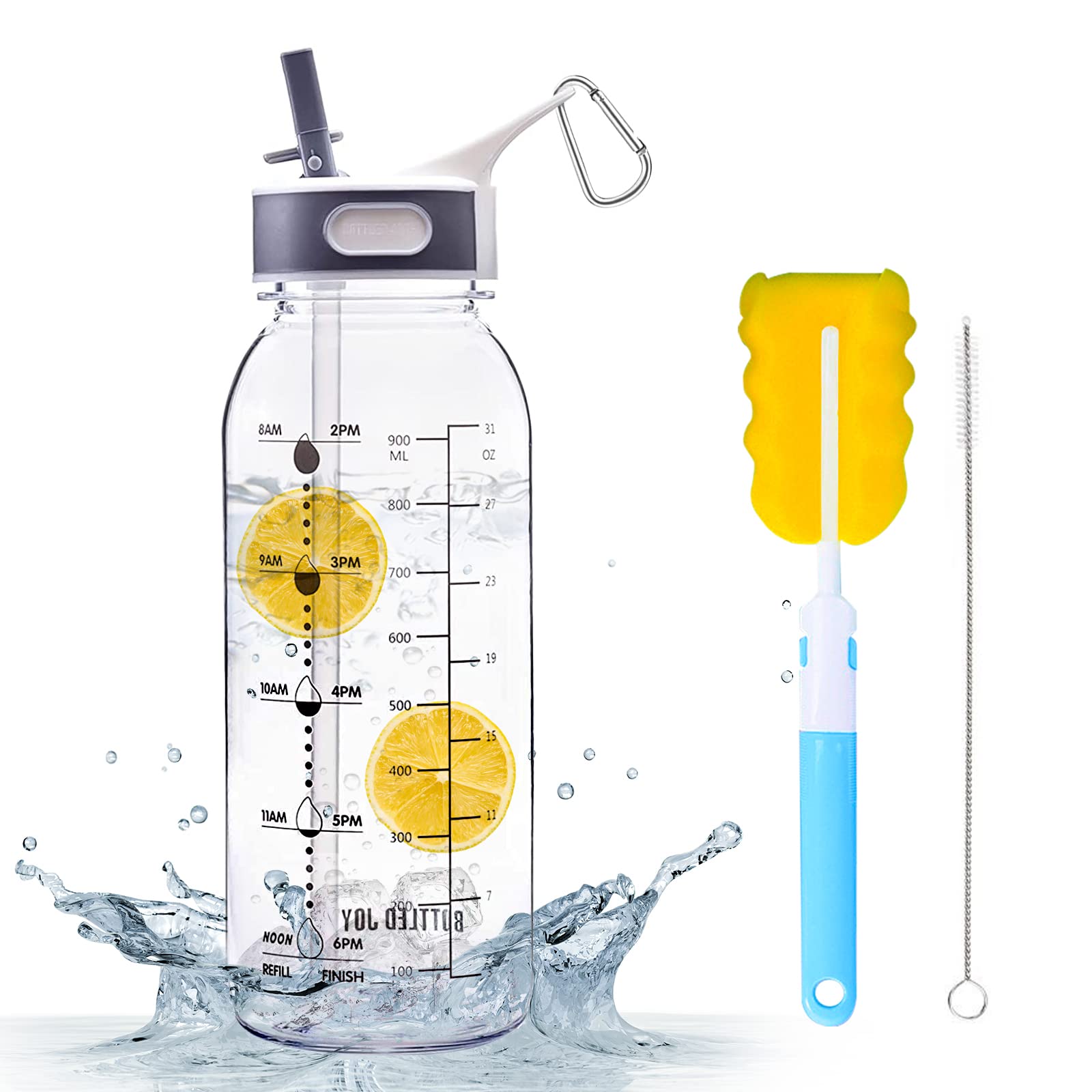 Bottled Joy Water Bottle with Straw, 27oz/800ml BPA-Free Motivational Water Bottle, Water Bottle with Time Maker, Sports Jug, Reminder Leakproof Buckle Drinking Bottles for Fitness, Outdoor (1l White)