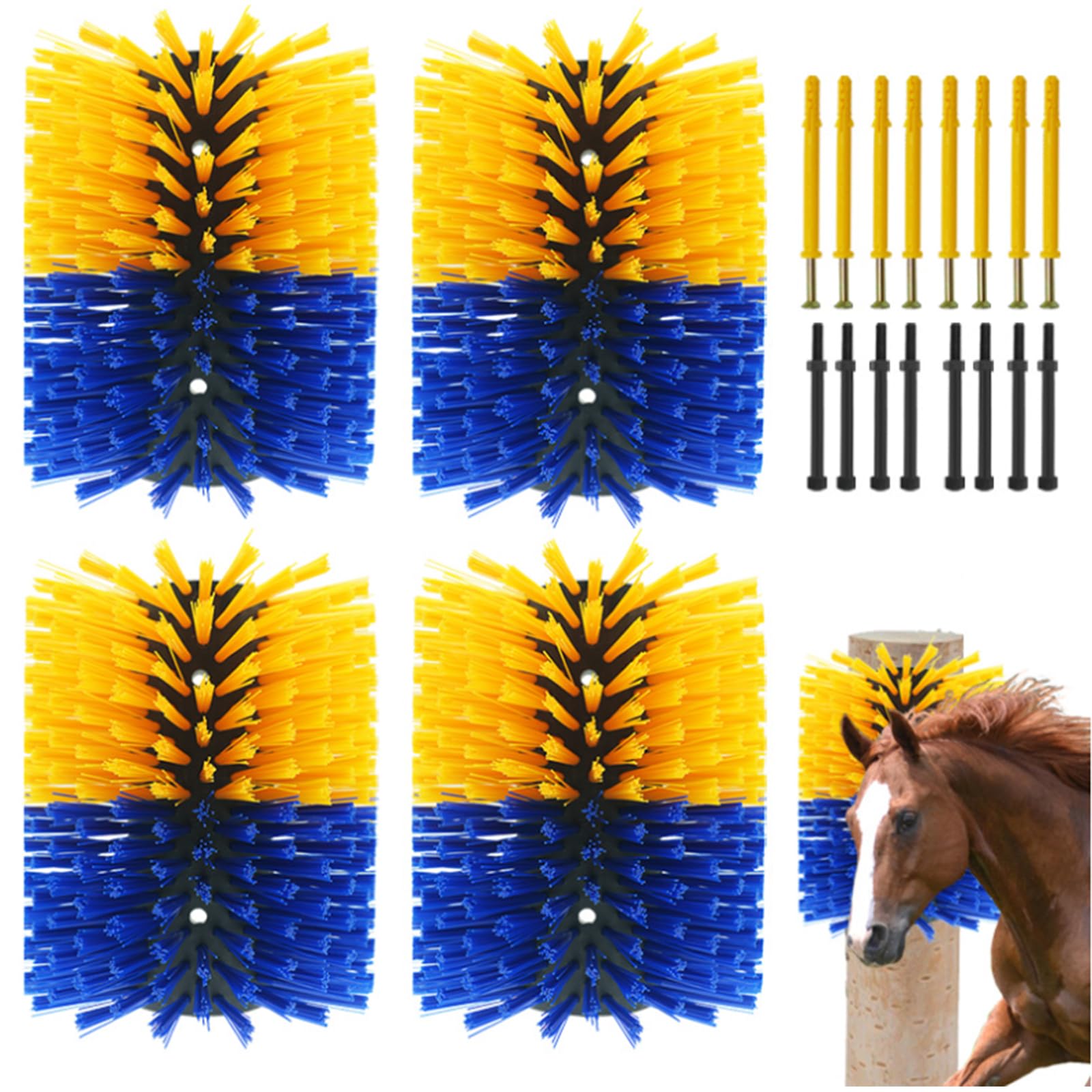 Kratzbürste für Nutztiere, Pferdekratzer, Komplettes Massagebürsten-Set, lindert Juckreiz am Rücken für Nutztiere, Pferde, Ziegen, Rinder, Schafe, Schweine, Blau-Gelb, 19 * 22cm