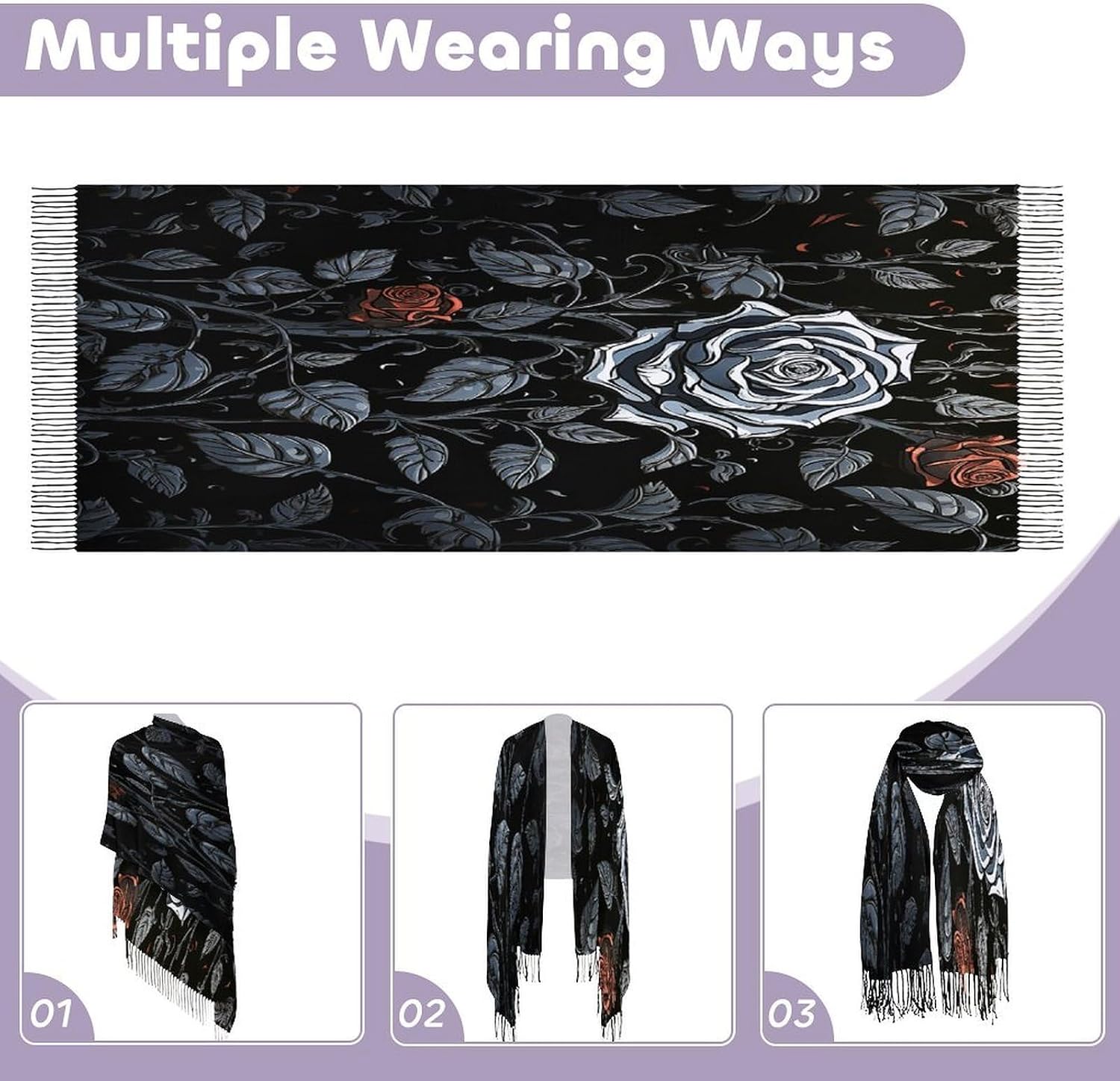 Rose Gothic Scarf for Women Men Classic Fashion Blanket Scarves Soft Cashmere Feel Scarf Cold Weather Warm Long Shawl Winter Large Scarves Classic Blanket Scarfs Thick