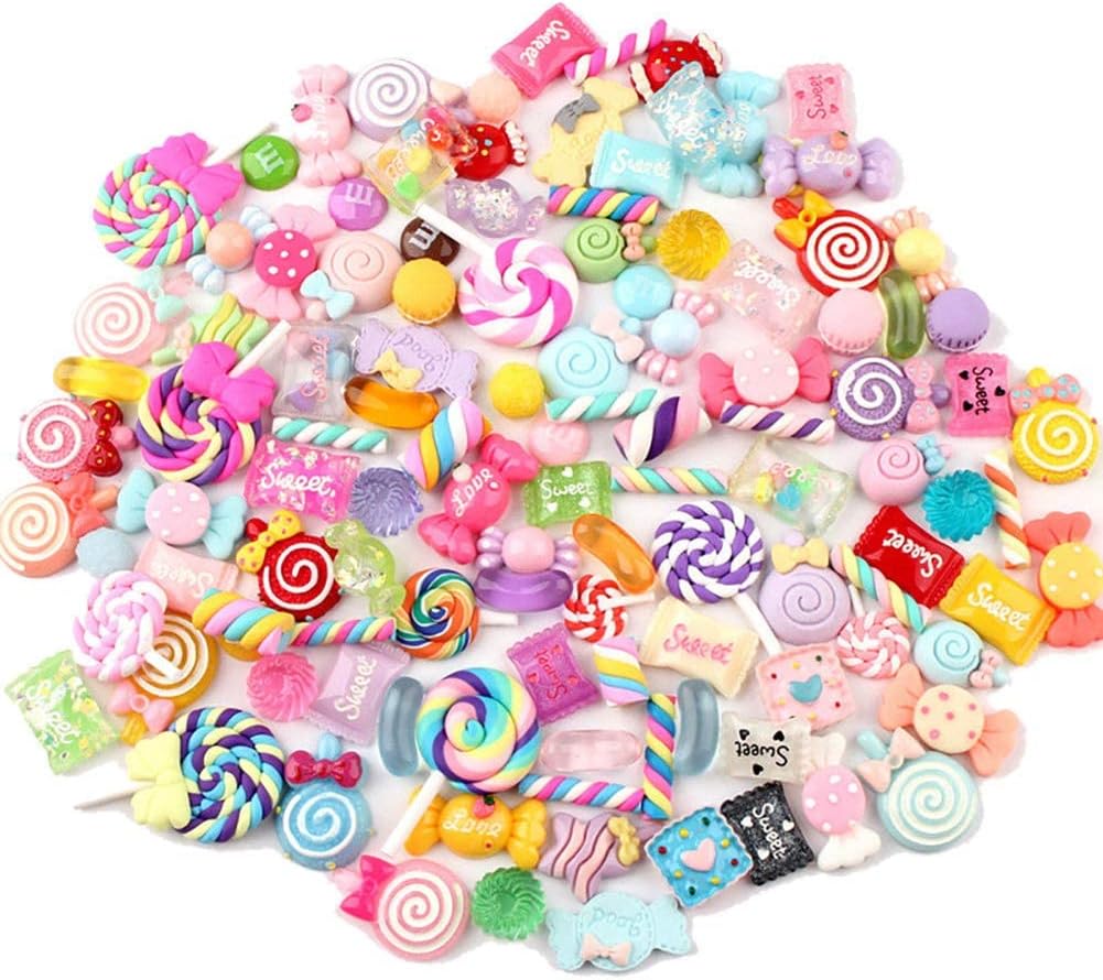 NALACAL Slime Charms Resin Fake Candy Charms Kawaii Cute Set Mixed Assorted Sweets Flatback Slime Beads Making Supplies for DIY Craft Making and Ornament Scrapbooking (100pcs)
