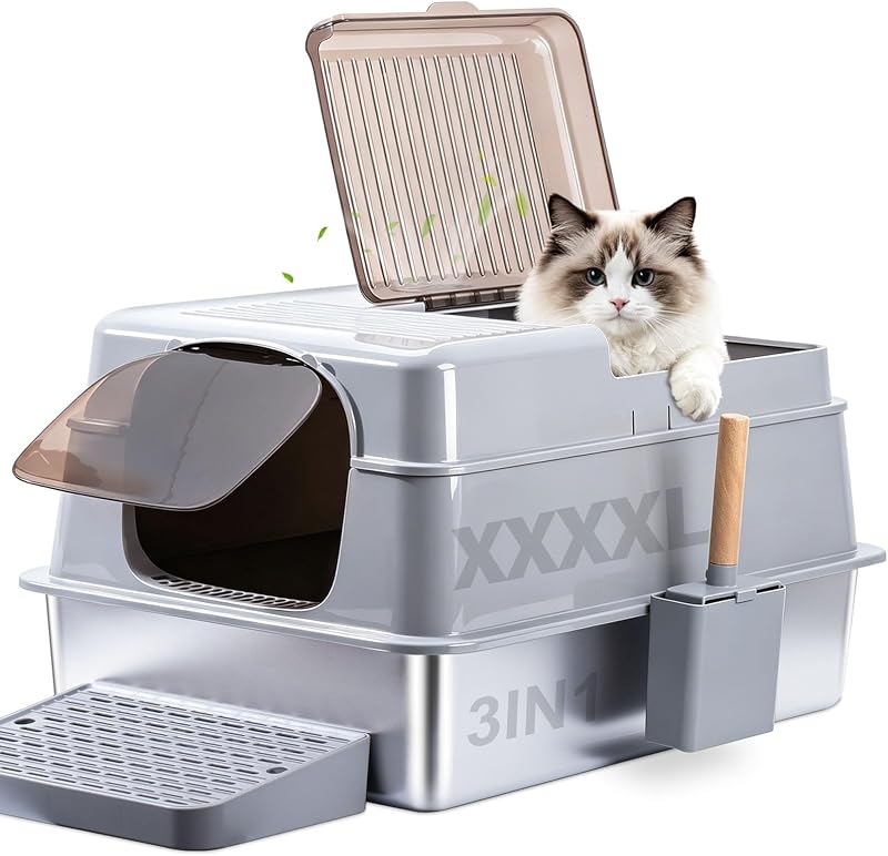Caixa de Areia para Gatos XXXXL em Aço Inoxidável com Tampa EGMEHOAD, 71,12 x 50,8 x 39,88 cm