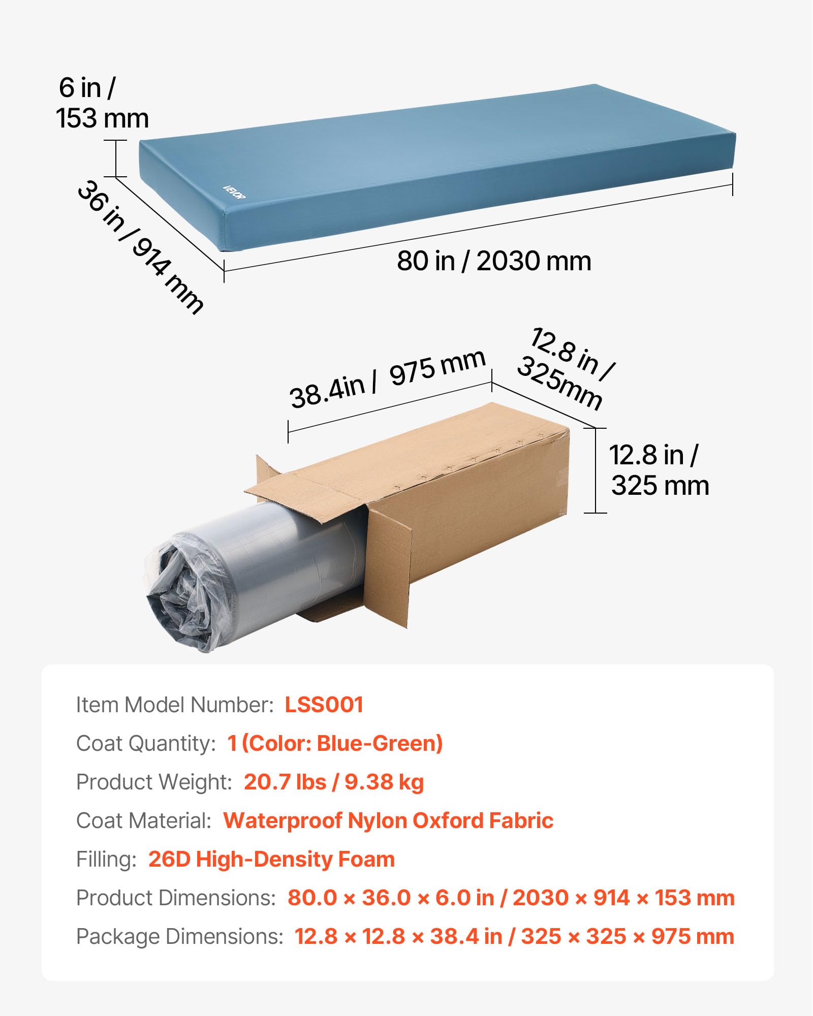 VEVOR Materasso per Letto Ospedaliero in Schiuma, capacità 158,8 kg, con Ridistribuzione della Pressione per Cure, Impermeabile per Case di Cura e Assistenza Domiciliare, 2030 x 914 x 153 mm