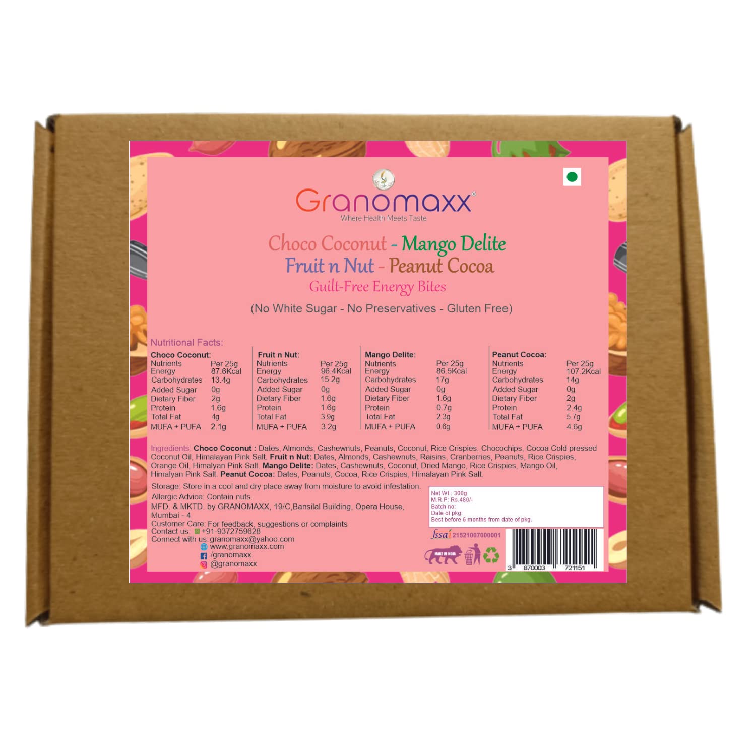 Granomaxx Peanut Cocoa/Choco Coconut/Mithai Bites with Guilt Free, Energy Bites for All Age Groups, Use in Daily Snacks & Breakfast, No Sugar, Fruit Nuts