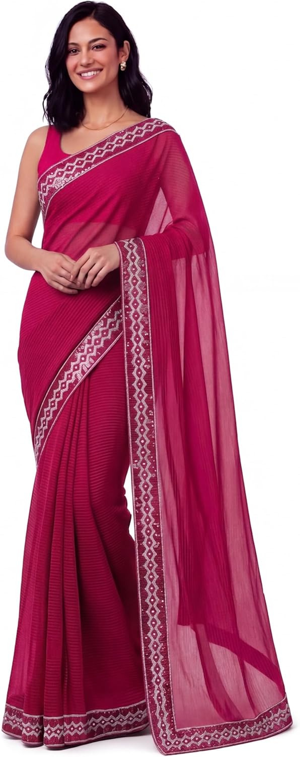Women's Saree with Embroidered and Sequin Border, Ethnic Wear, Stiched blouse included