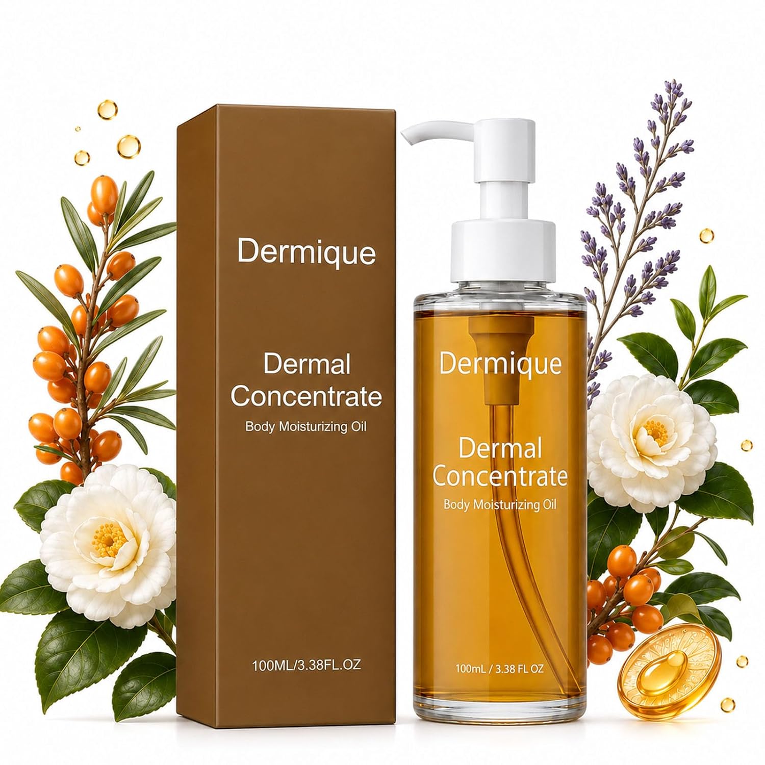 Dermiqua Sun Damage Repair Body Oil for Dry, Rough-Looking Skin, Moisturizing Botanical Oil with Vitamin C, Sea Buckthorn, Camellia Oil, For Uneven-Looking Skin, Women & Men, 4 Fl Oz (1pc)