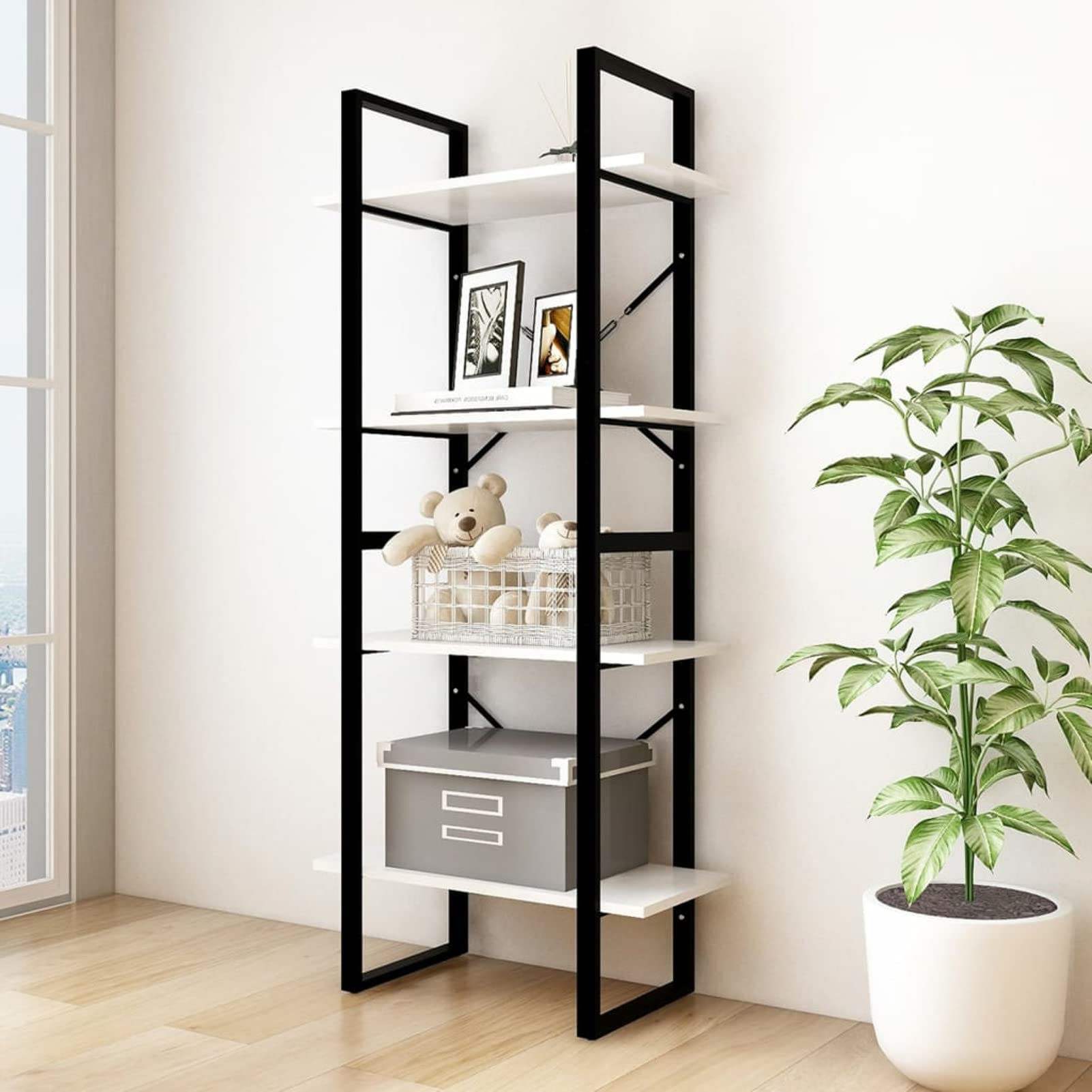 Tidyard Scaffalatura a 4 livelli, libreria, libreria, libreria, libreria, in stile industriale, per soggiorno, ufficio, legno massello di pino, bianco, 60 x 30 x 140 cm