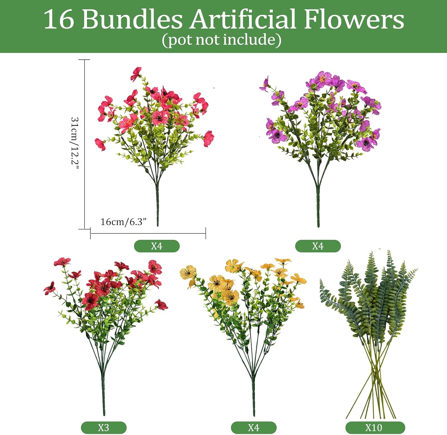 Artificial Faux Plants Flowers Outdoor Decoration,16 Bundles Fake Silk Colorful Daisy Eucalyptus Realistic UV Resistant for Outside Home Planter Porch Patio Yard Decor (Mix Purple Pink Yellow Red) - Image 4