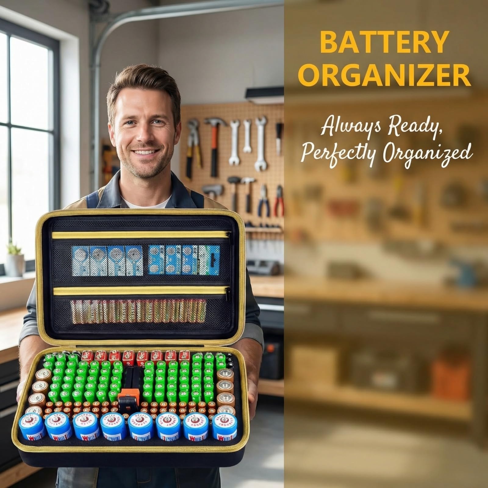 Boobowl Batterie Aufbewahrungsbox Tragetasche, Batteriebox Organizer Tasche mit Batterietester Hält bis zu 162 Batterien Varietätspackungen AA AAA AAAA C D 9 V 3 V Lithium (nur Box)